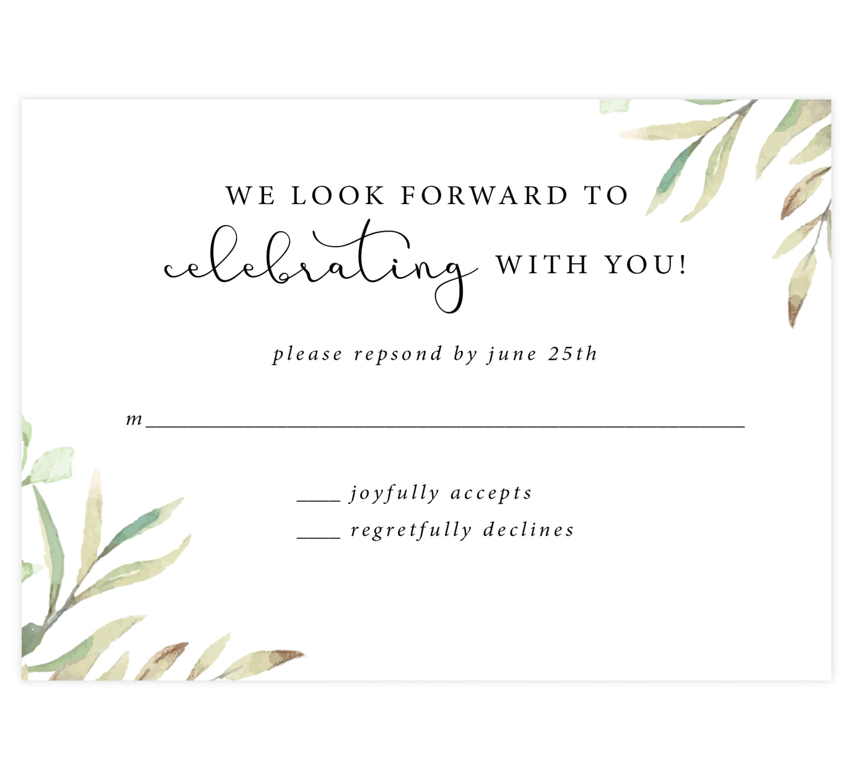 Frame of Leaves wedding response card; white background with black text and greenery in the top right and bottom left corners.