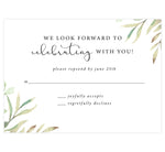 Load image into Gallery viewer, Frame of Leaves wedding response card; white background with black text and greenery in the top right and bottom left corners.
