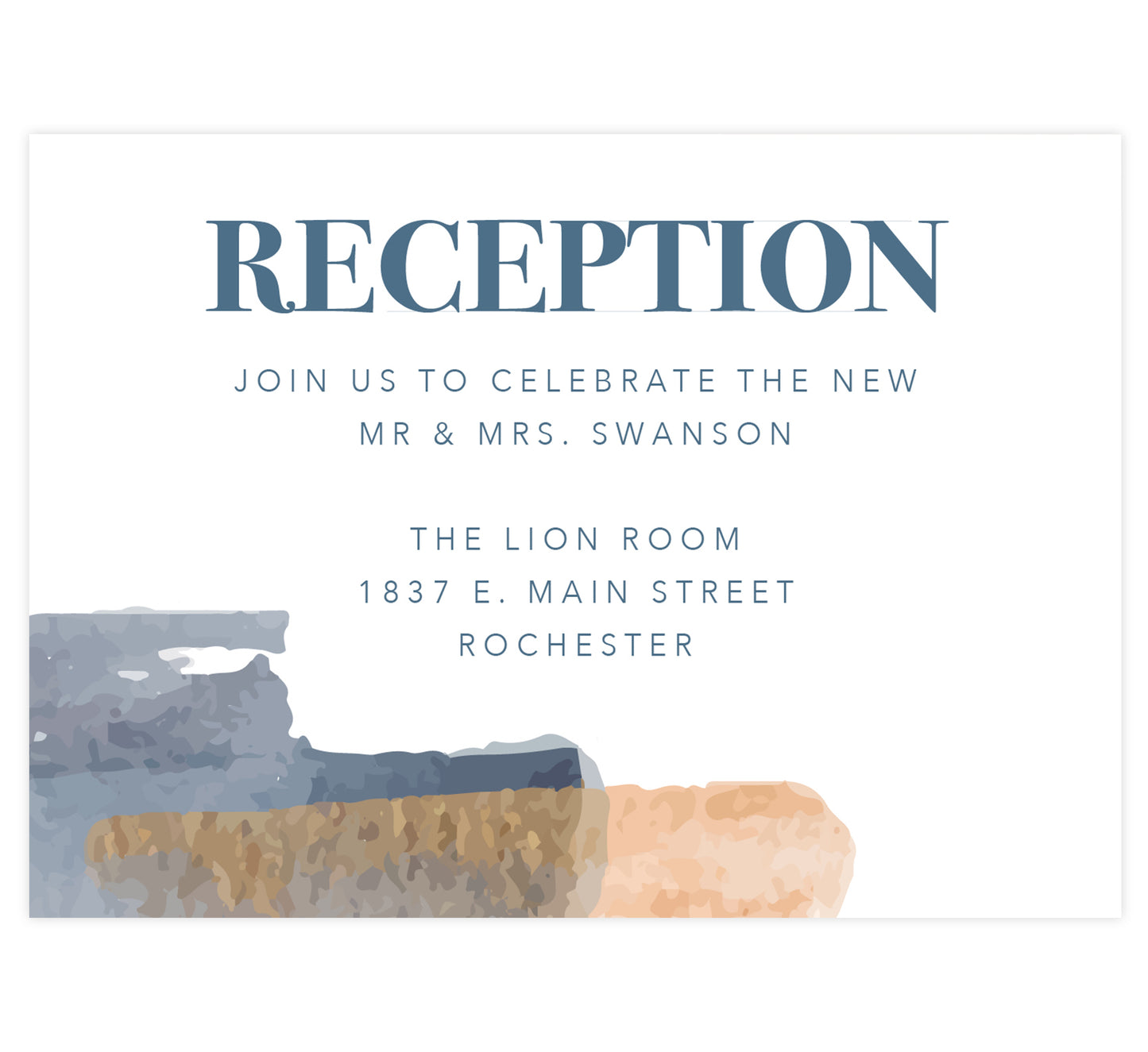 Blue and Gold Watercolor wedding reception card; white background with blue and gold watercolor streaks on the bottom left corner and blue text