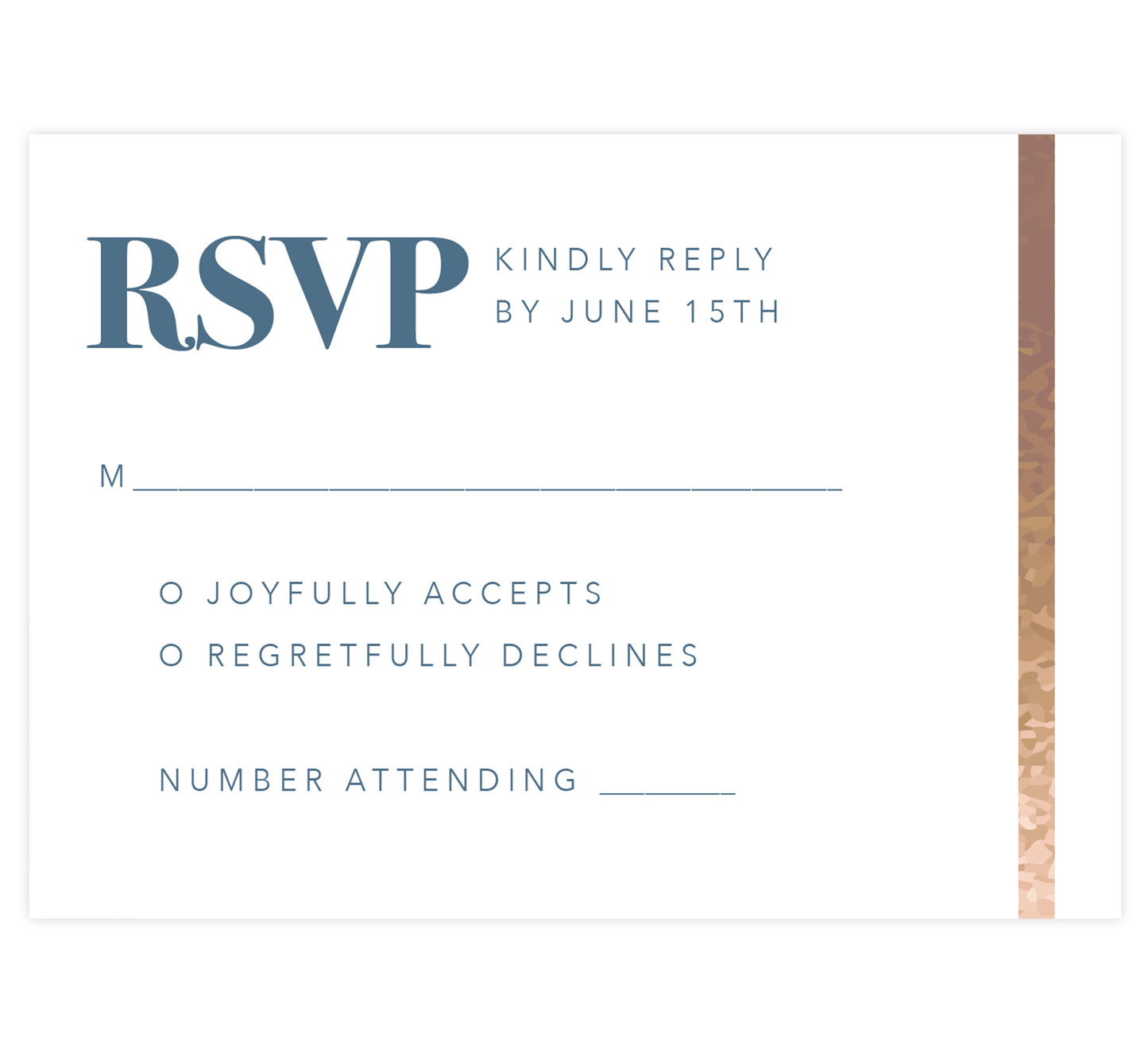 Blue and Gold Watercolor wedding response card; white background with gold bar down the right edge and blue text