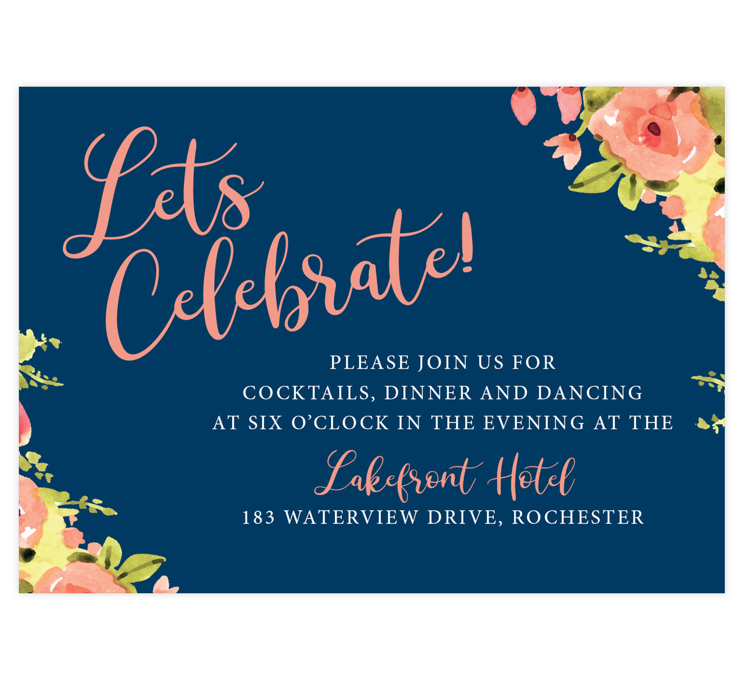 Blushing Rose Wedding Invitation, navy background with pink florals and pink and white text