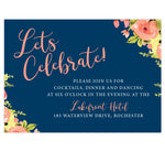 Load image into Gallery viewer, Blushing Rose Wedding Invitation, navy background with pink florals and pink and white text
