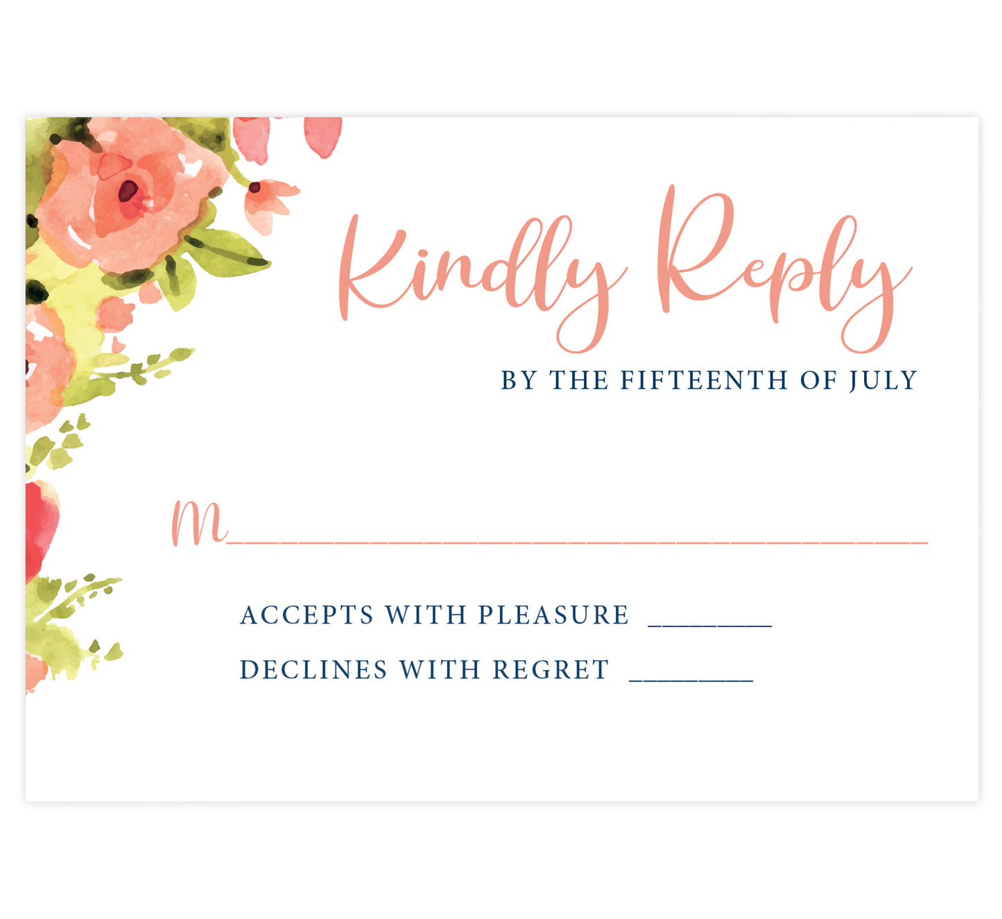 Blushing Rose Wedding Invitation, white background with pink florals and pink and navy text