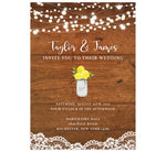 Load image into Gallery viewer, Rustic Glow wedding invitation; woodgrain background with string lights at the top, lace at the bottom edge. White text and yellow flowers
