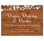 Load image into Gallery viewer, Rustic Glow wedding reception card; brown wood grain background with string lights on the top edge and white text
