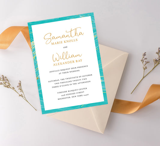 Teal and gold marble wedding invitation and set