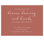 Load image into Gallery viewer, Romantic Pinks wedding reception card; light rust colored background with white text
