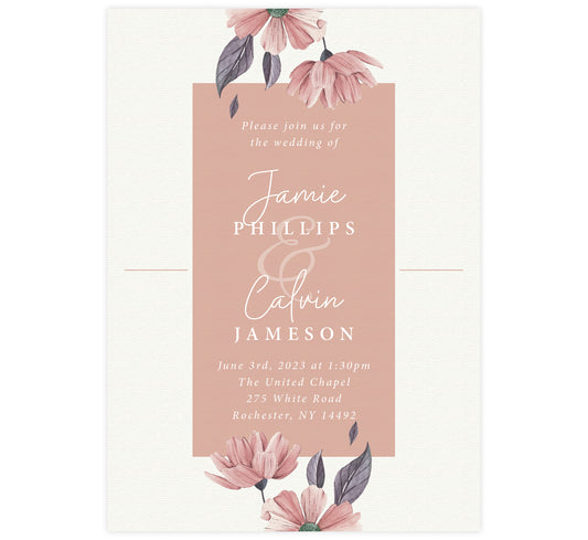 Always Love wedding invitation; textured cream background with pink box in the middle, watercolor pink flowers at the top and bottom and white text.