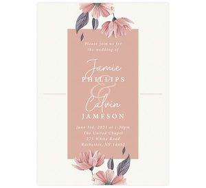 Always Love wedding invitation; textured cream background with pink box in the middle, watercolor pink flowers at the top and bottom and white text.
