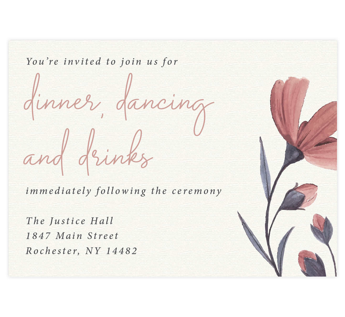Always Love wedding reception card; cream textured background with flowers on the right side with black and pink text