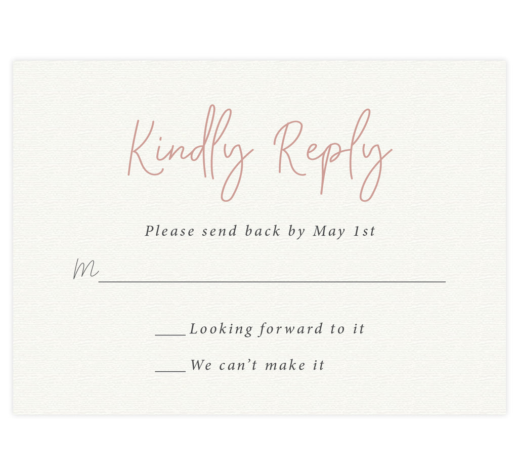 Always Love wedding response card; cream textured background with black and pink text