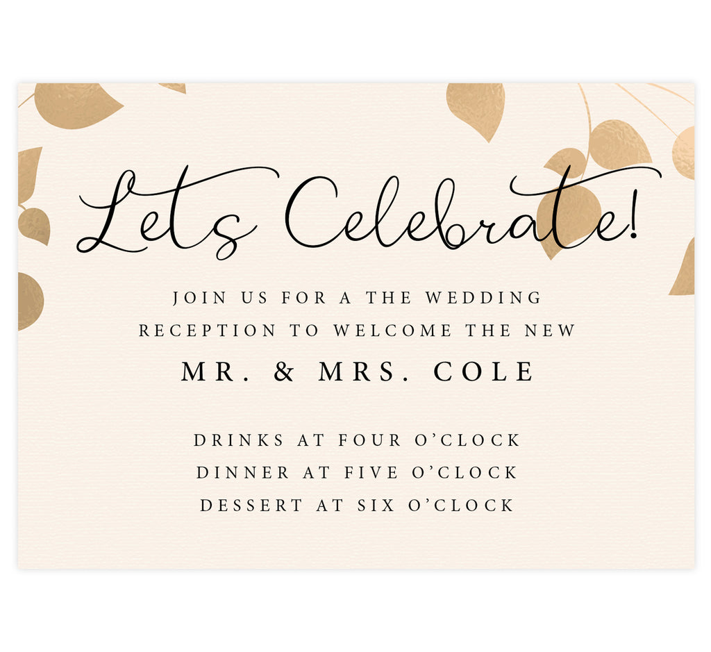 Elegant Celebration wedding reception card; cream textured background with gold leaves on the top edge and black text