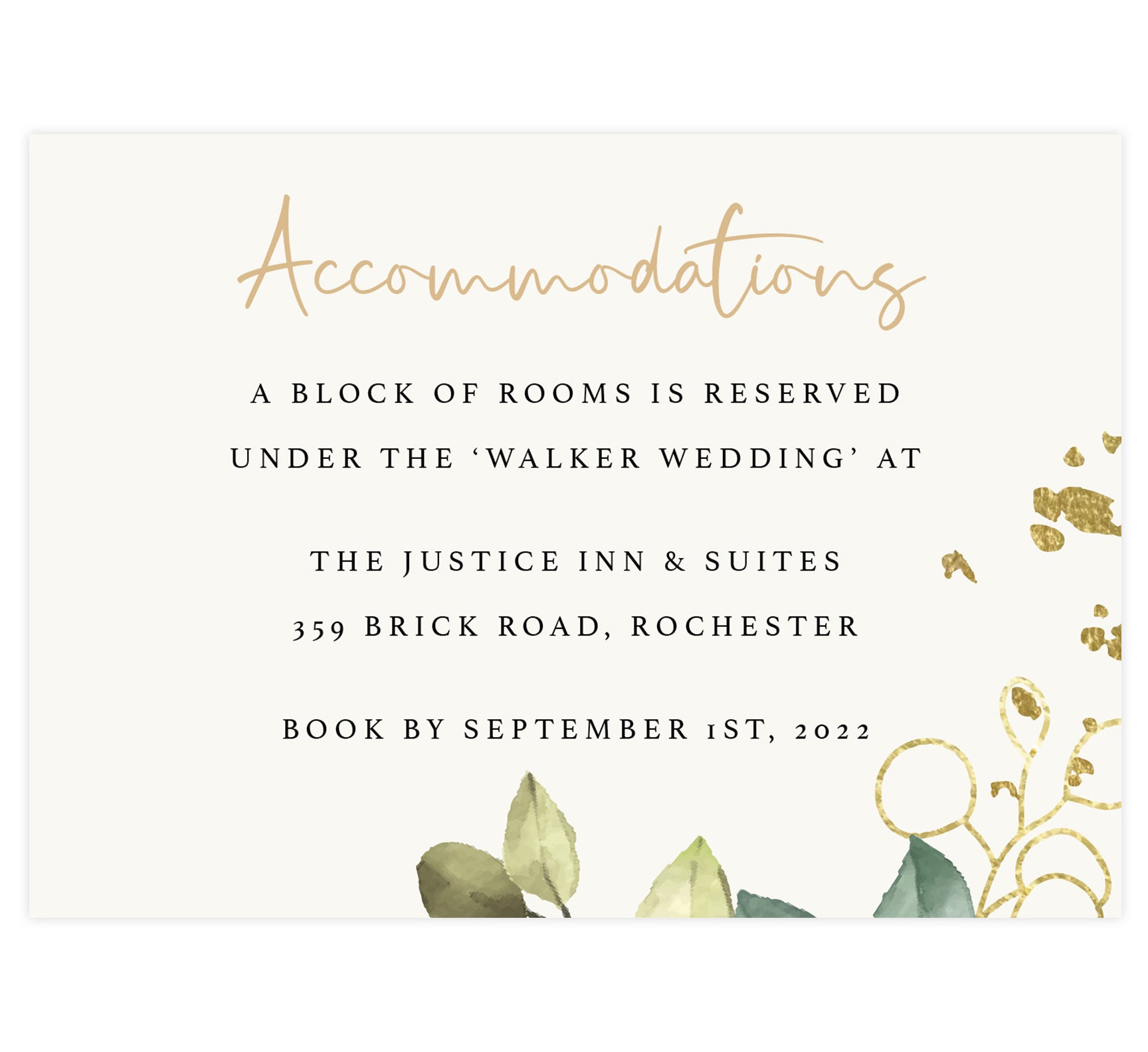 Greenery with Gold wedding accommodations/details card; cream background with greenery in the bottom right corner