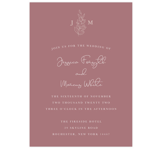 Simple Romantic wedding invitation; Pink background with white text and greenery at the top