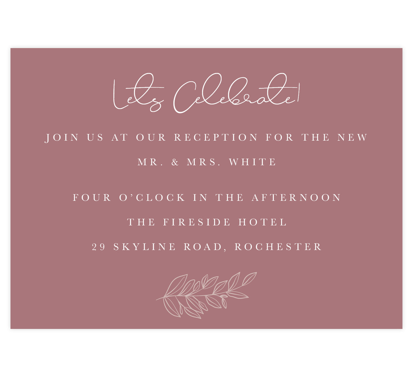 Simple Romantic wedding reception card; pink purple background with white text and greenery outline at the bottom