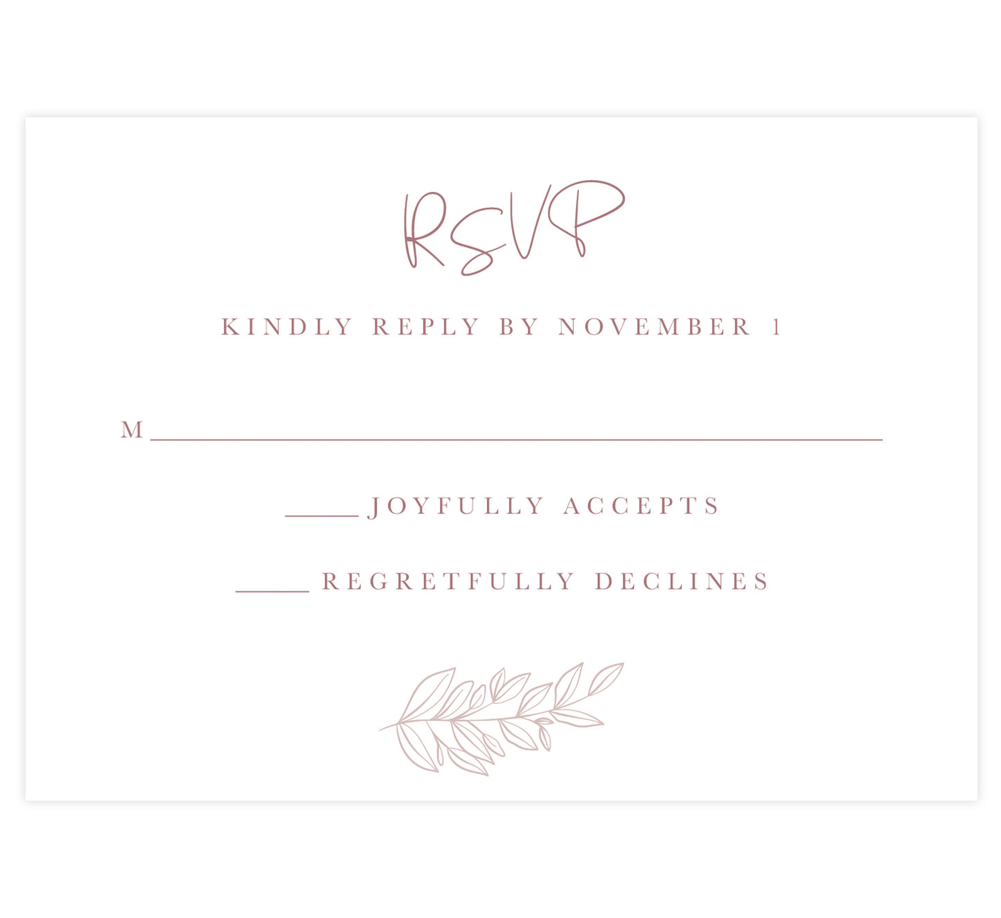 Simple romantic wedding response card; white background with purple pink text
