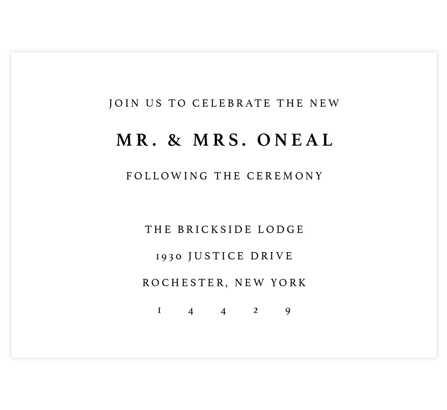 Floral Vows wedding reception card; white background with black text