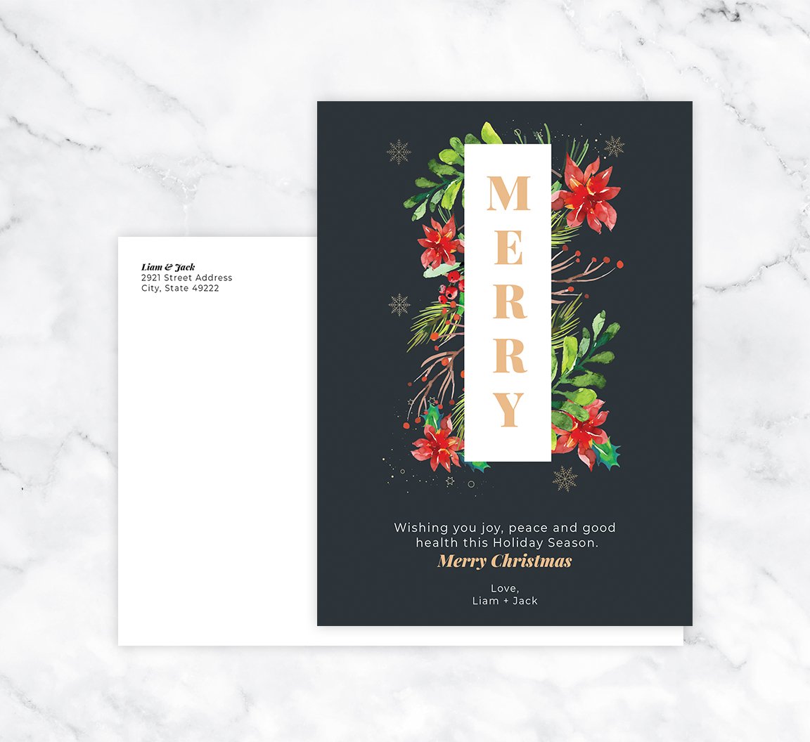Watercolor Christmas Holiday Card; Holiday card with envelope and return address printed on it. 