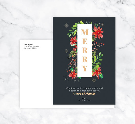 Watercolor Christmas Holiday Card; Holiday card with envelope and return address printed on it.