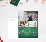 Load image into Gallery viewer, Green Watercolor Holiday Card Mockup; Holiday card with envelope and return address printed on it. 
