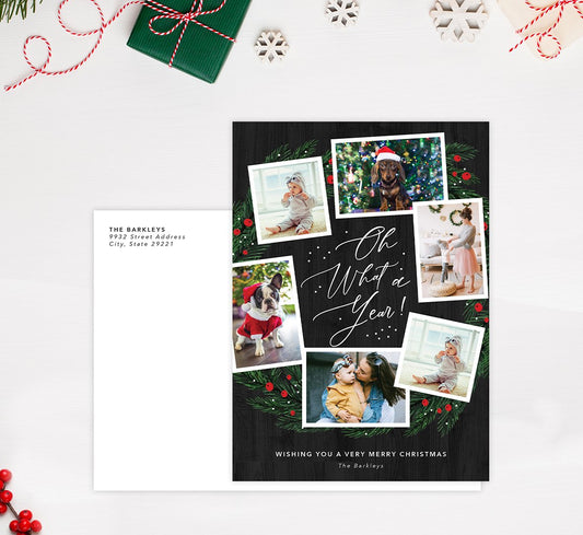What a Year Holiday Card Mockup; Holiday card with envelope and return address printed on it.