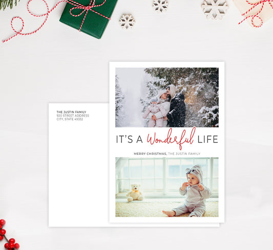 Wonderful Life Holiday Card Mockup; Holiday card with envelope and return address printed on it.