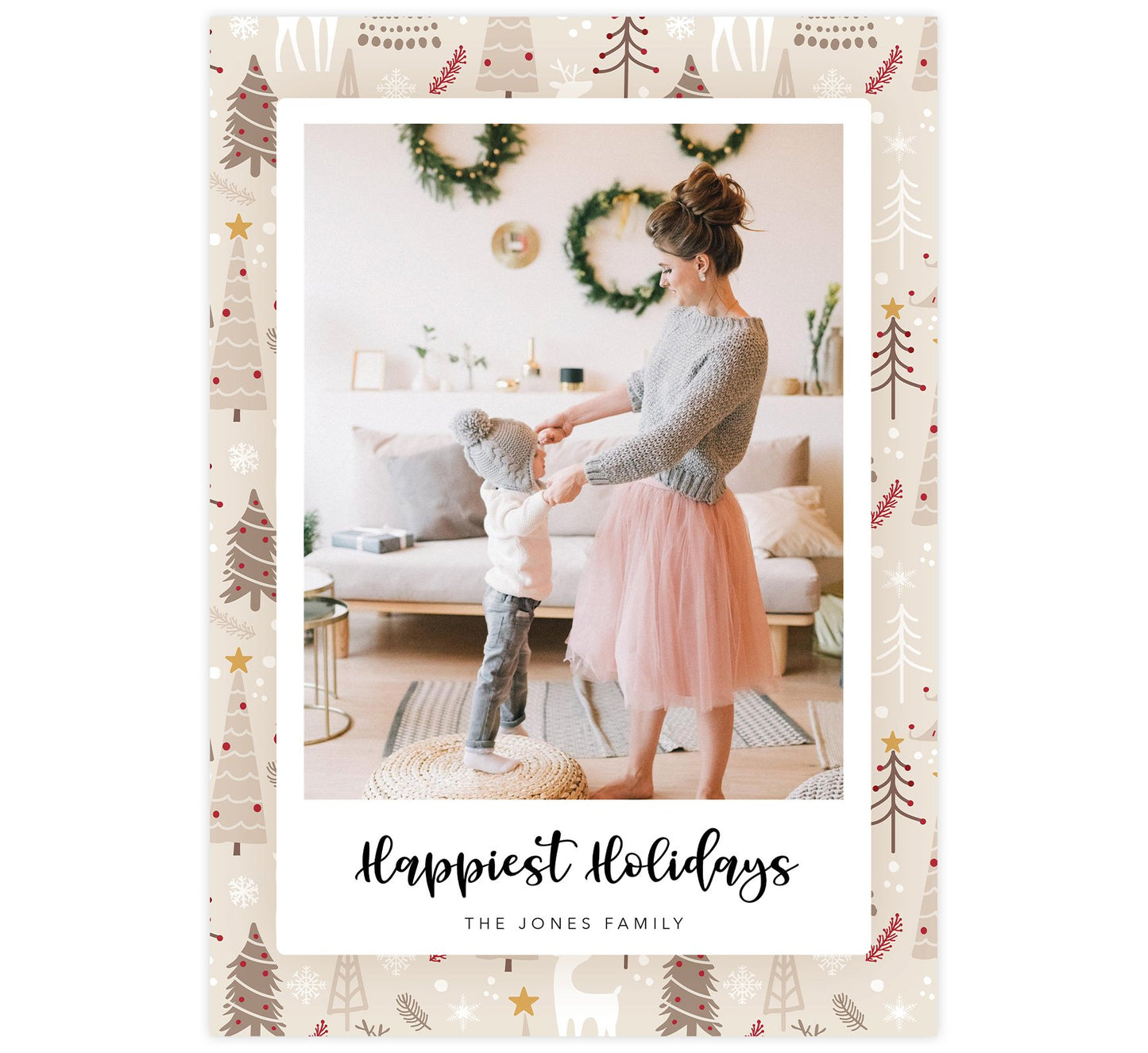 Woodland Holiday Card; Beige, tan and red pattern background with one large image spot and "happiest holidays" below the image.