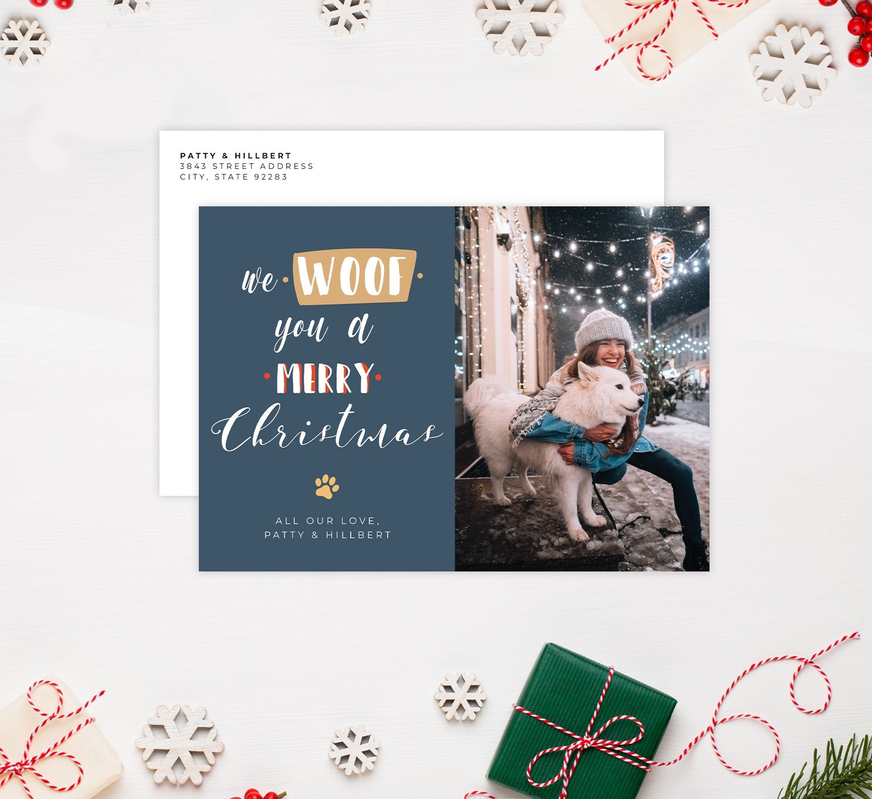 Woof Holiday Card Mockup; Holiday card with envelope and return address printed on it. 