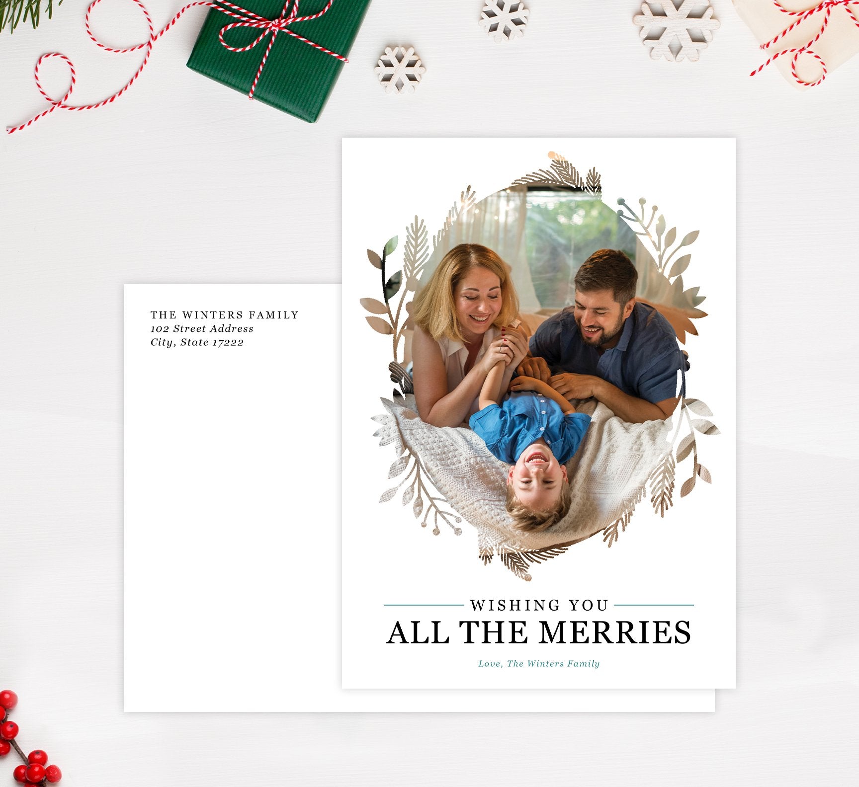 All the Merries Holiday Card Mockup; Holiday card with envelope and return address printed on it. 