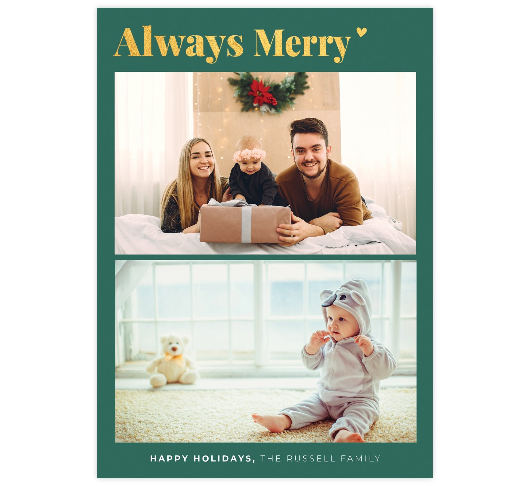 Always Merry Holiday Card; Muted blue/green background with gold "always merry" at the top, 2 image spaces and names at the bottom