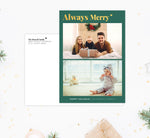 Load image into Gallery viewer, Always Merry Holiday Card Mockup; Holiday card with envelope and return address printed on it. 

