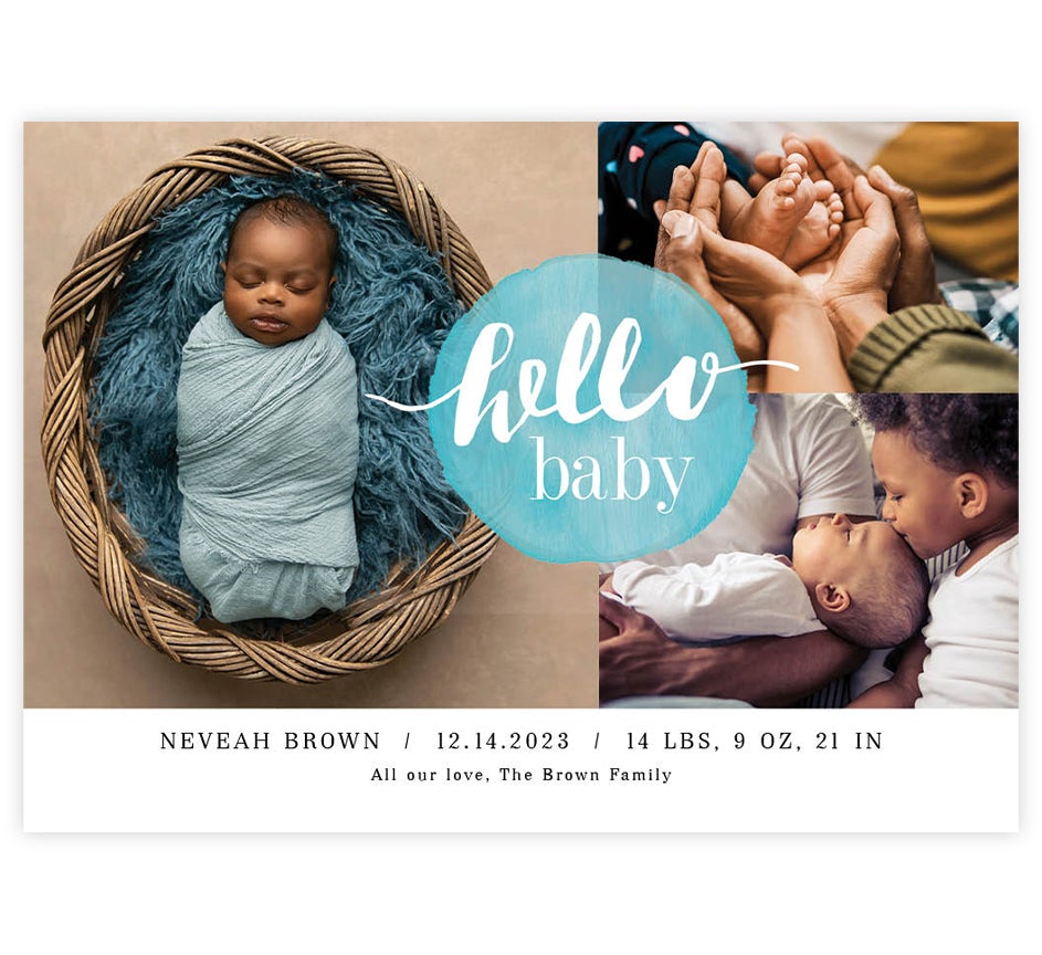 Hello Baby Blue birth announcement card with 3 photo spots and text below.