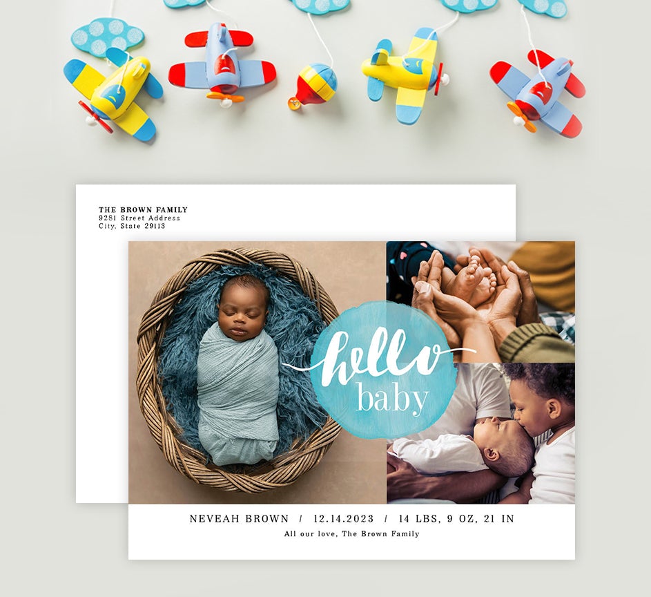 Hello Baby Blue birth announcement card with 3 photo spots and text below.