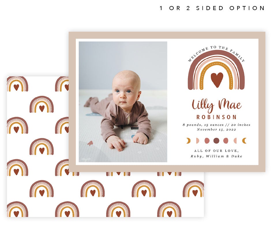 Rainbow Hearts Baby Announcement card with 1 image spot and neutral colored rainbow and heart, back of card with neutral rainbows and hearts