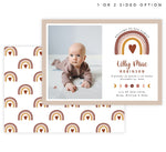 Load image into Gallery viewer, Rainbow Hearts Baby Announcement card with 1 image spot and neutral colored rainbow and heart, back of card with neutral rainbows and hearts
