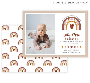Rainbow Hearts Baby Announcement card with 1 image spot and neutral colored rainbow and heart, back of card with neutral rainbows and hearts