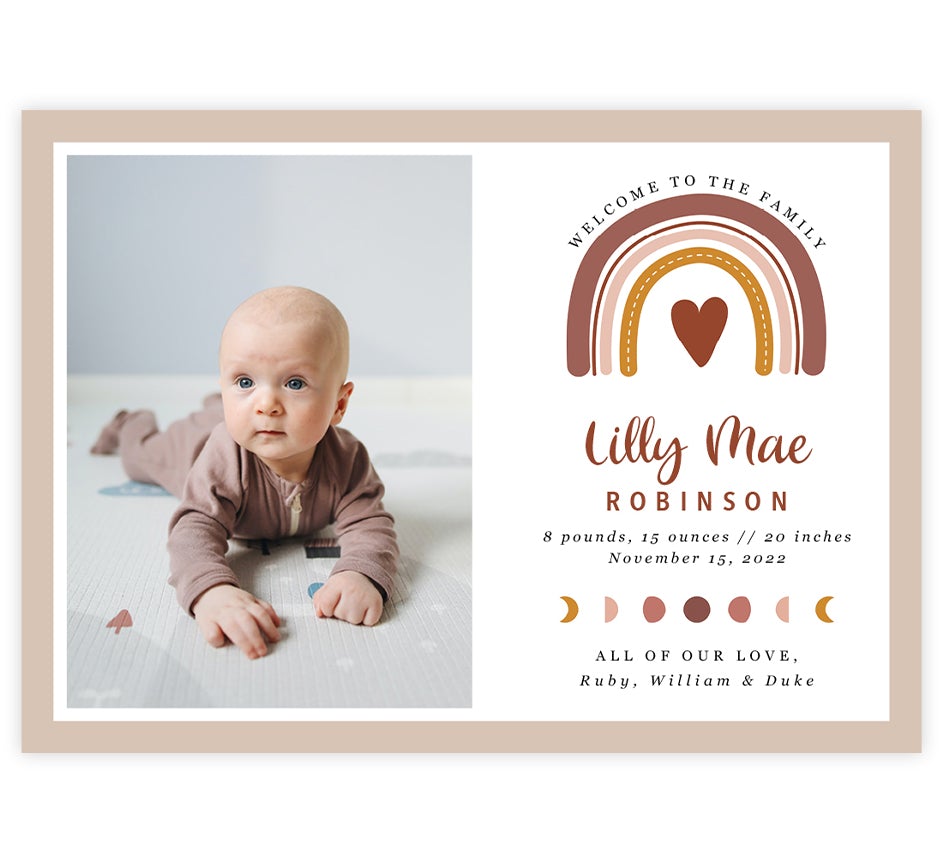 Rainbow Hearts Baby Announcement card with 1 image spot and neutral colored rainbow and heart