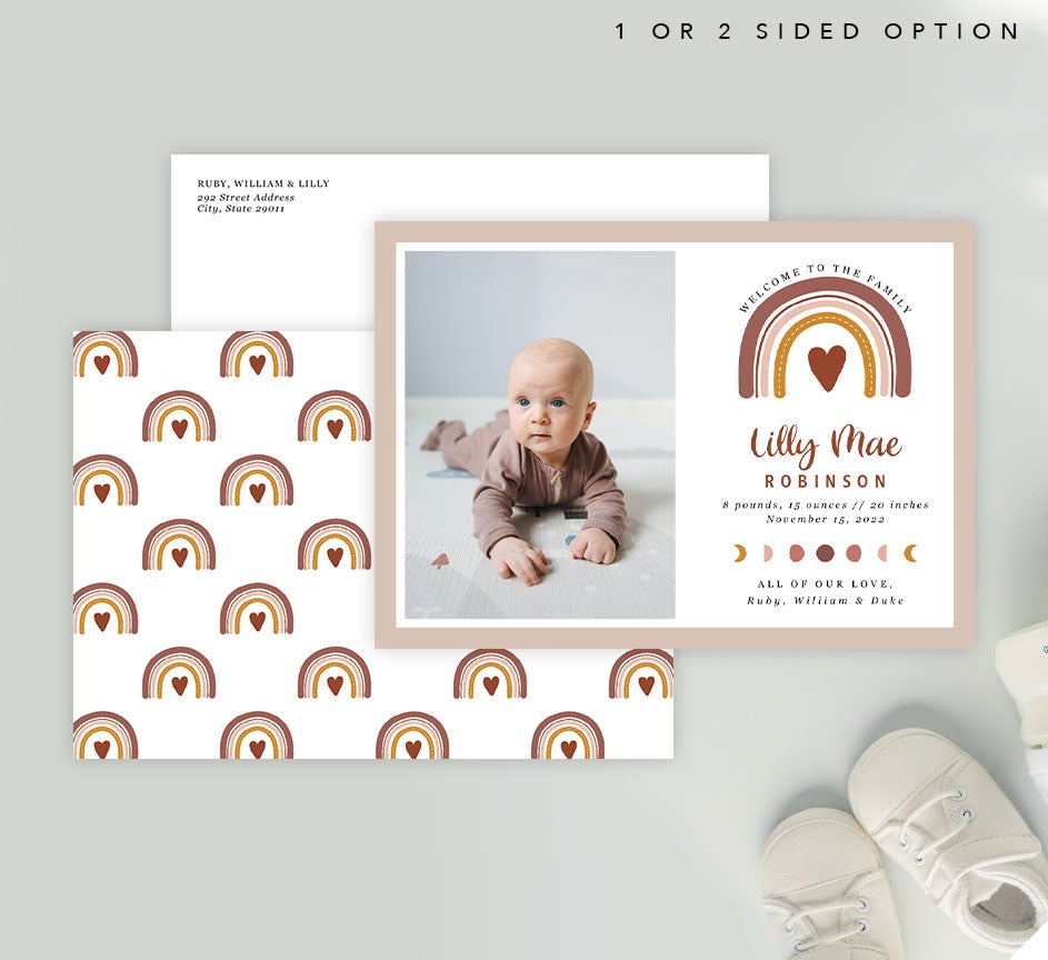 Mockup of Rainbow Hearts Baby Announcement card with envelope