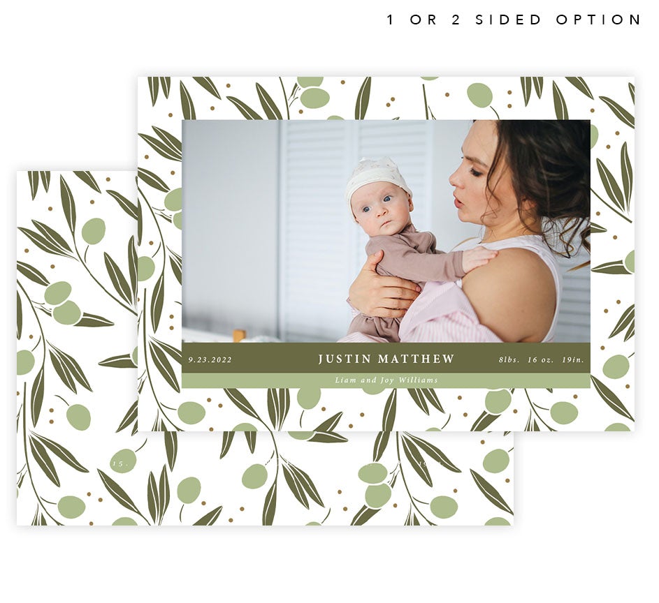 Olive Branch Announcement card with 1 image spot and green colored olive branches on the border, with back with pattenr green olive branches