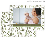 Load image into Gallery viewer, Olive Branch Announcement card with 1 image spot and green colored olive branches on the border, with back with pattenr green olive branches
