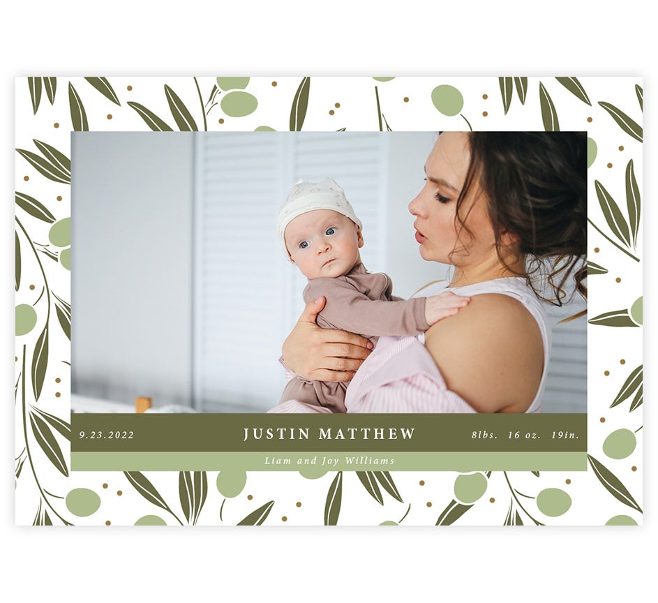 Olive Branch Announcement card with 1 image spot and green colored olive branches on the border