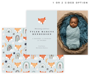 Fox Run Birth Announcement card with 1 image spot and fox head on front, back with patterned fox and rainbows