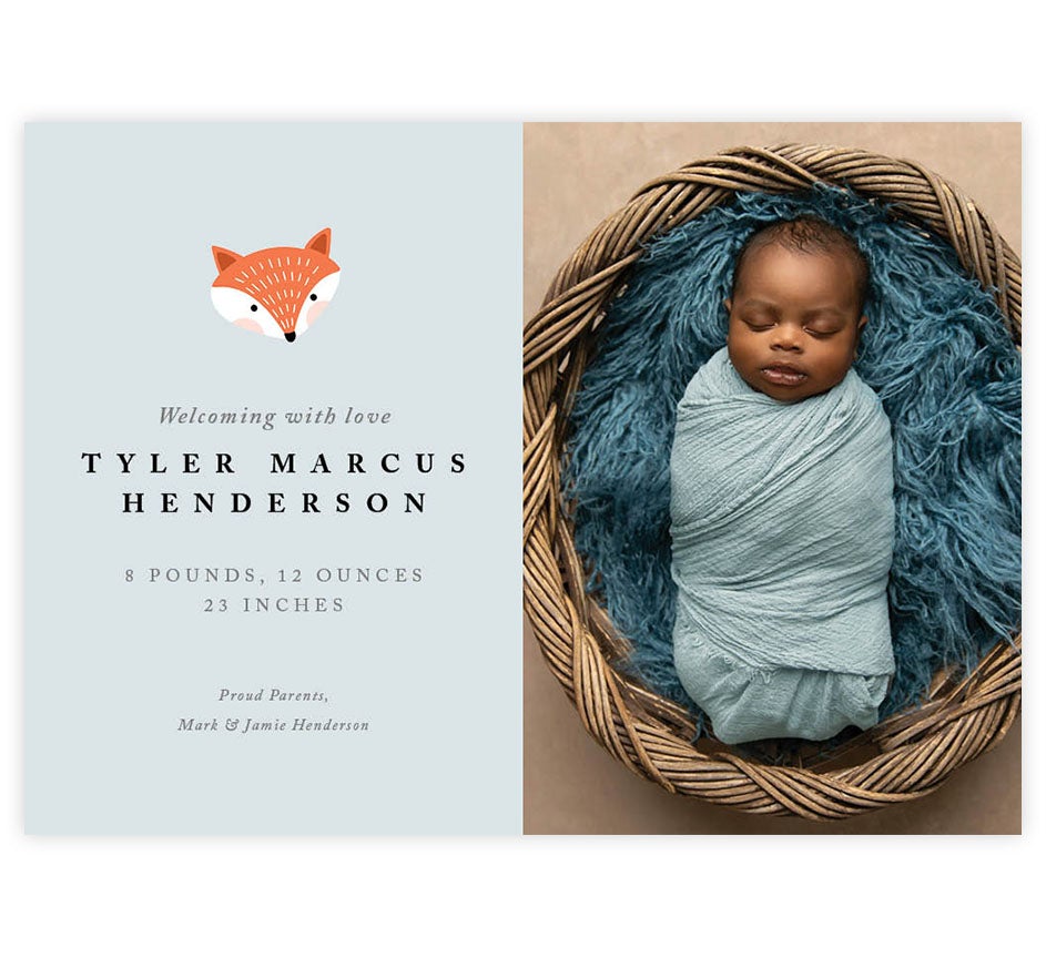 Fox Run Birth Announcement card with 1 image spot and fox head on front