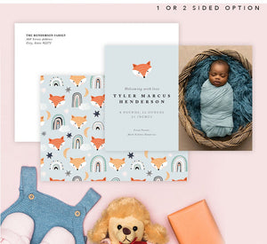 Mockup of Fox Run Birth Announcement card with envelope