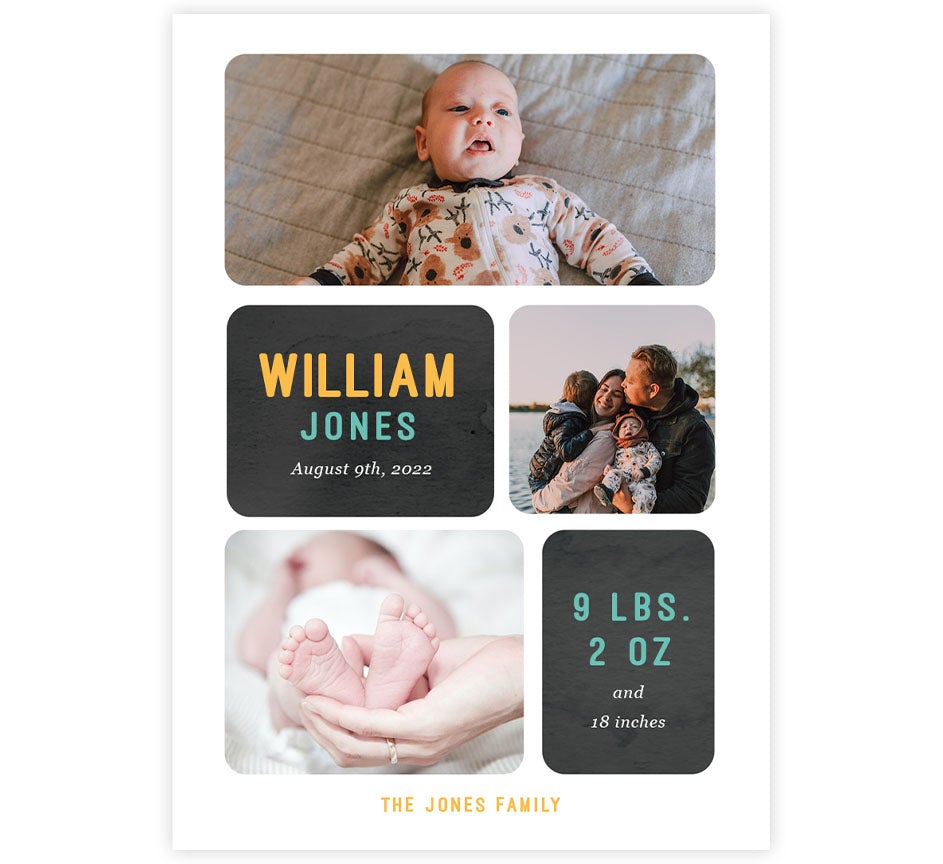 Simple Blocks birth announcement card with 3 photo spots and blocks with text