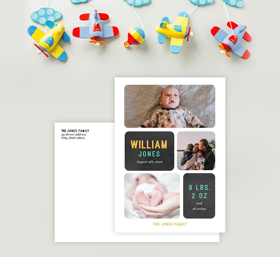 Mockup of Simple Blocks birth announcement card with envelopes