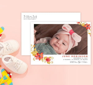 Mockup of Watercolor Florals birth announcement card with envelope