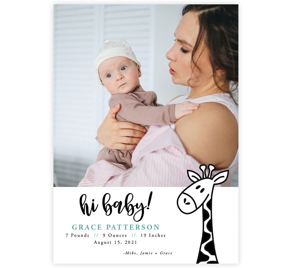 Cute Giraffe birth announcement card with 1 photo spot
