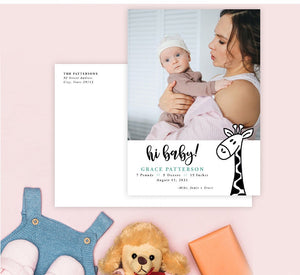 Mockup of Cute Giraffe birth announcement card with envelope