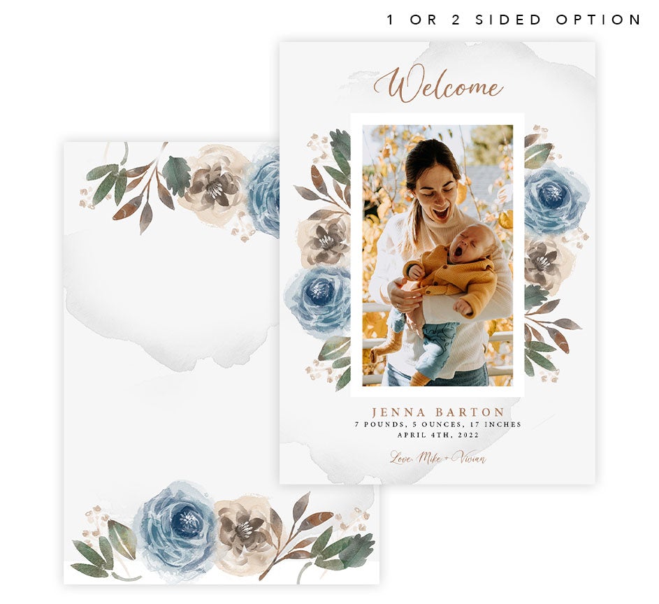 Precious Flowers Birth Announcement card with 1 image spot and watercolor blue flowers, back with watercolor blue flowers on top and bottom